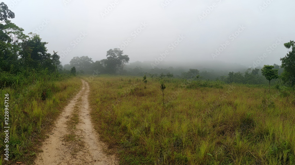 Misty morning, dirt road through grassy field and forest. Misty morning, dirt road through grassy field and forest.