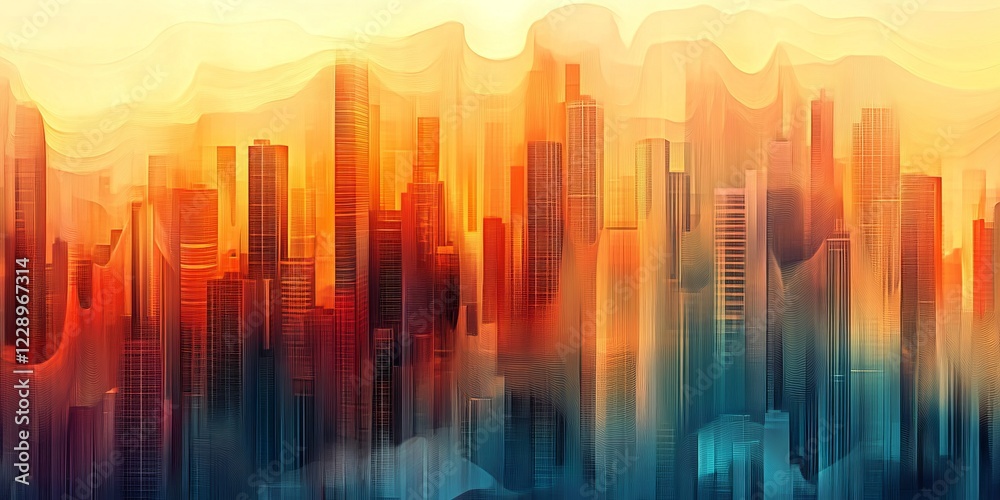 Fototapeta premium A stunning abstract cityscape featuring modern skyscrapers with vibrant colors, capturing the essence of a futuristic urban sunset.