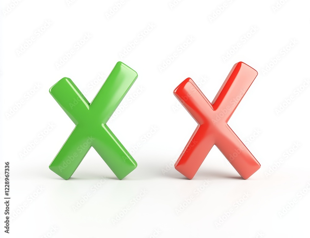 Obraz premium Green checkmark and red X symbols on white background.