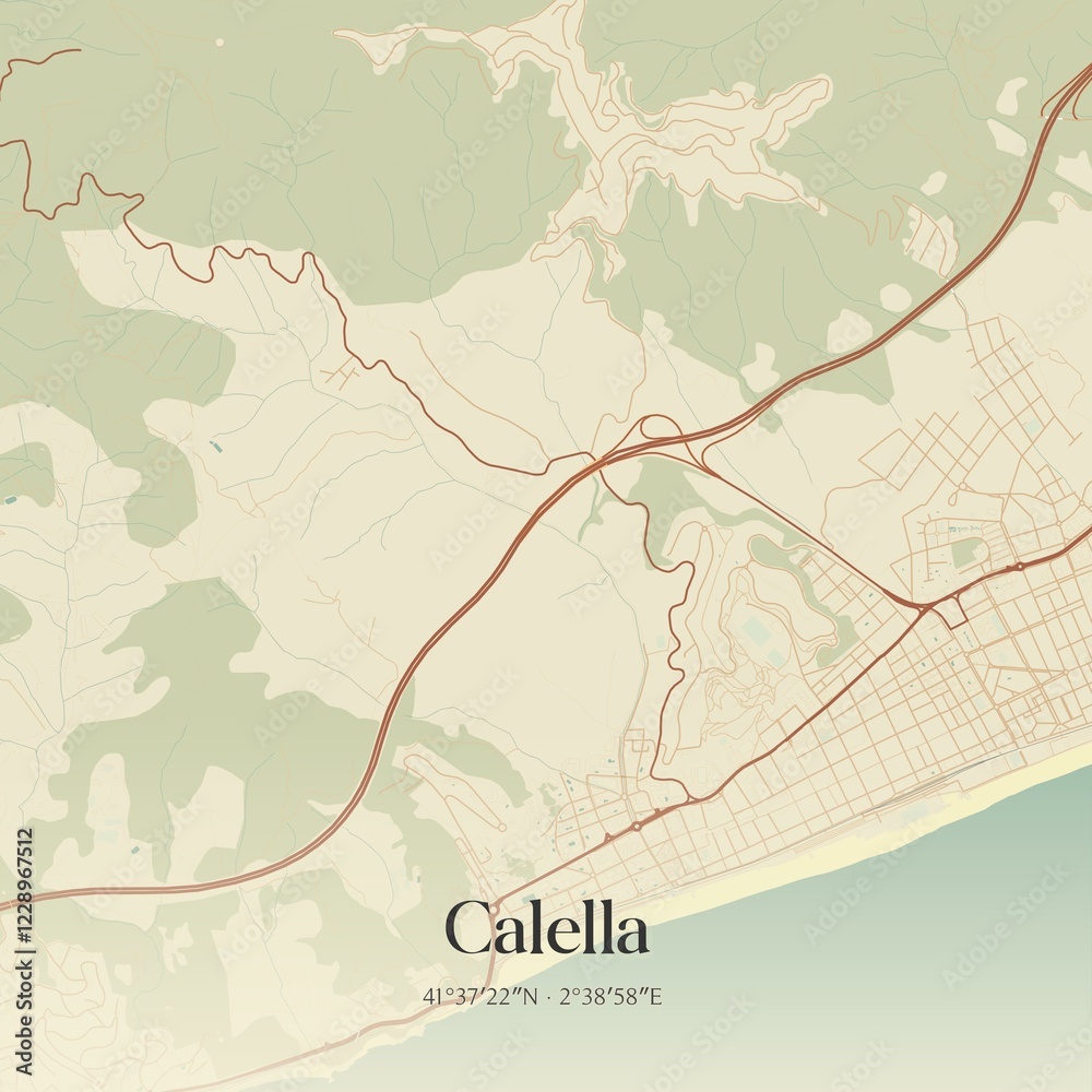 Obraz premium Retro Spanish map of Calella, Catalu�a. Vintage street map.