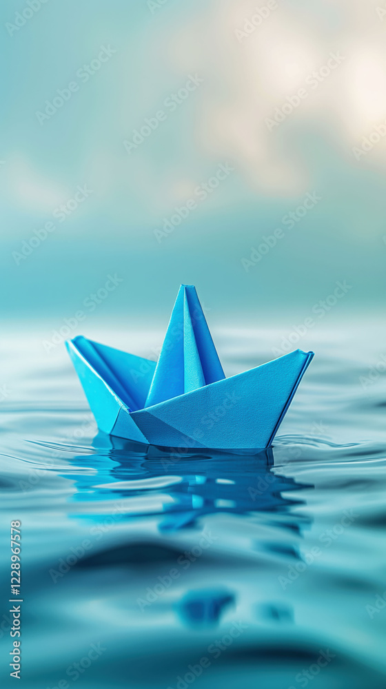 Bright blue origami boat floating on abstract water background with ample space for text Bright blue origami boat floating on abstract water background with ample space for text