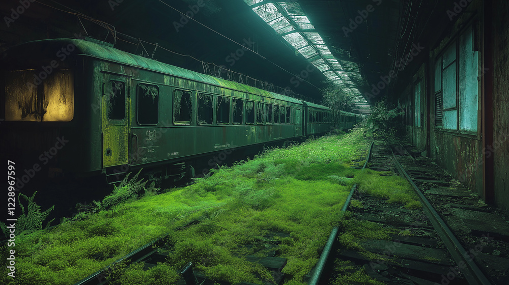An abandoned train station with an old locomotive covered in glowing moss, soft bioluminescent light, post-apocalyptic theme, sci-fi style An abandoned train station with an old locomotive covered in glowing moss, soft bioluminescent light, post-apocalyptic theme, sci-fi style