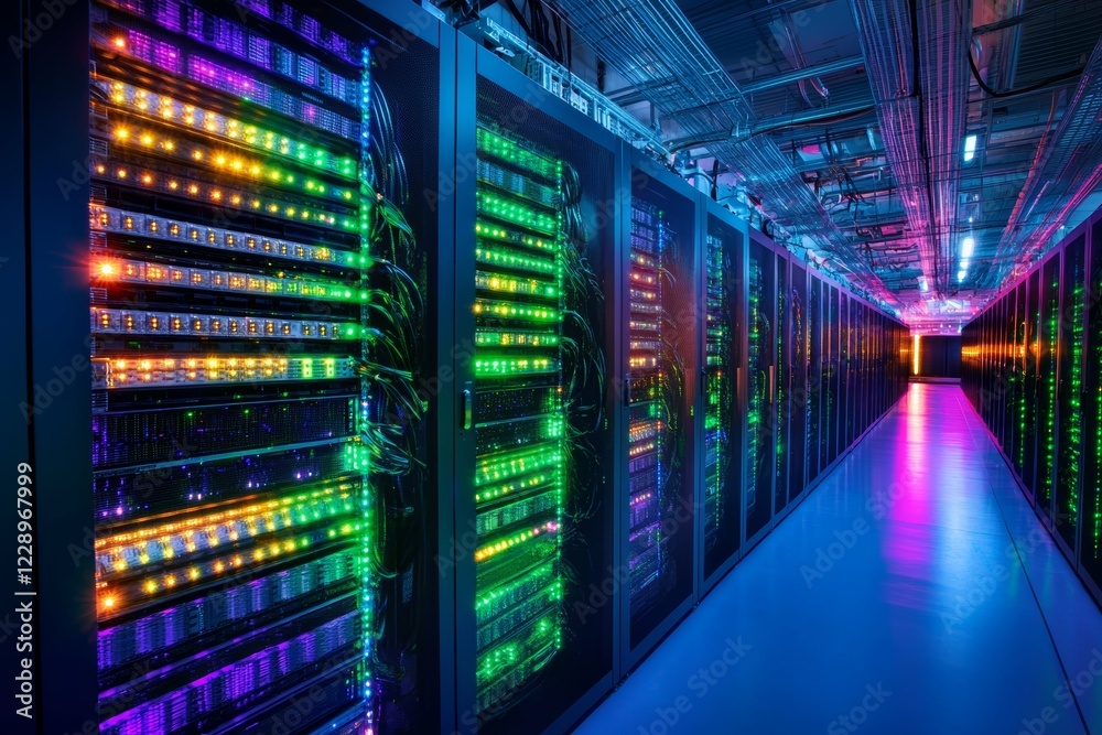 Vibrant Technology Data Center with Illuminated Server Racks and Advanced Infrastructure Vibrant Technology Data Center with Illuminated Server Racks and Advanced Infrastructure