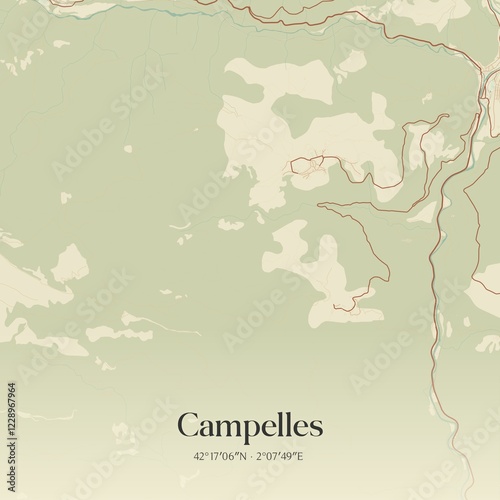 Retro Spanish map of Campelles, Catalu�a. Vintage street map.
