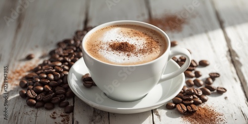 Delicious coffee with frothy milk and cocoa powder served with roasted coffee beans on wooden table. photo