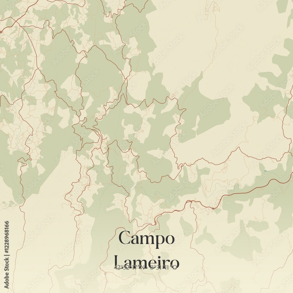 Fototapeta premium Retro Spanish map of Campo Lameiro, Galicia. Vintage street map.