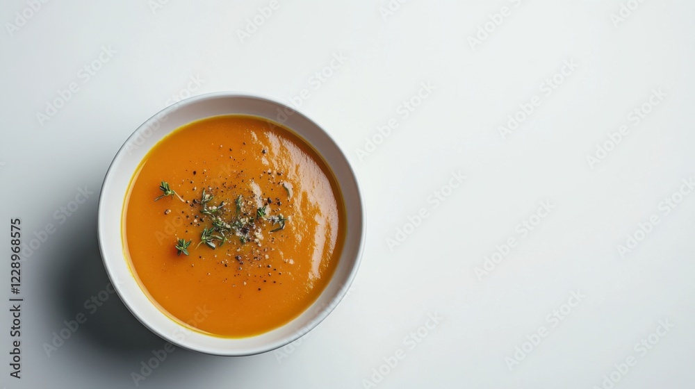 A minimalist bowl of freshly prepared vegetable soup with a light sprinkle of herbs, served in a plain white ceramic bowl, Soup centered A minimalist bowl of freshly prepared vegetable soup with a light sprinkle of herbs, served in a plain white ceramic bowl, Soup centered