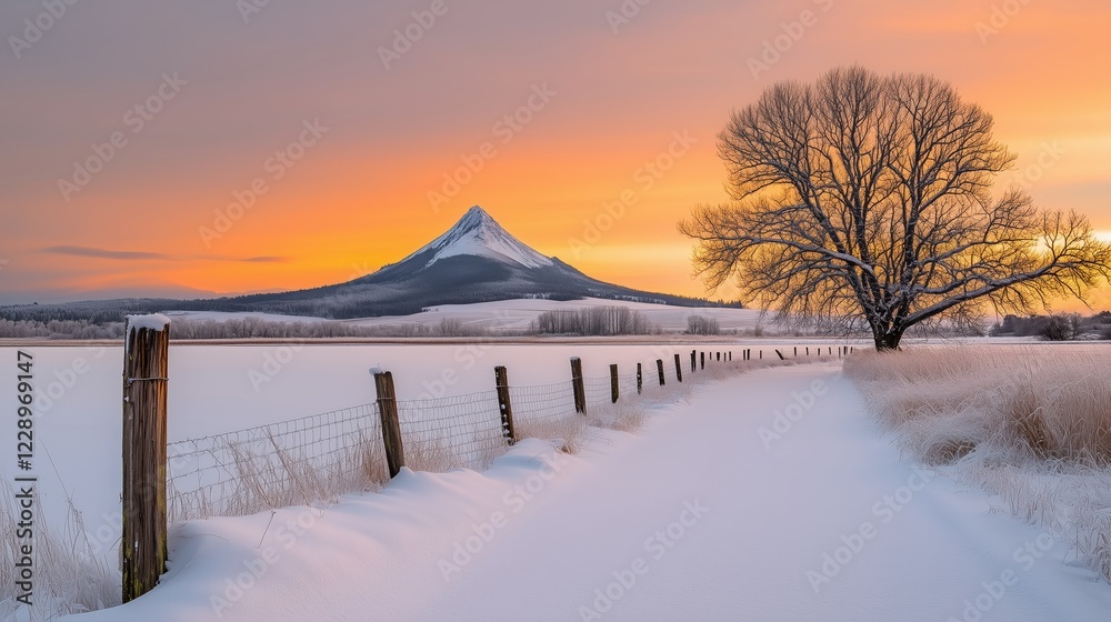 Snow-covered path leading to a mountain at sunset with a bare tree and a fence. Concept of winter serenity and adventure.