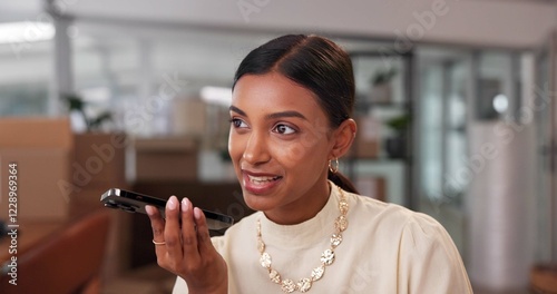 Business woman, voice or phone for shipping deal, logistics negotiation or online order. Mobile speaker, audio message or note with ai assistant for distribution, talk or delivery schedule in startup