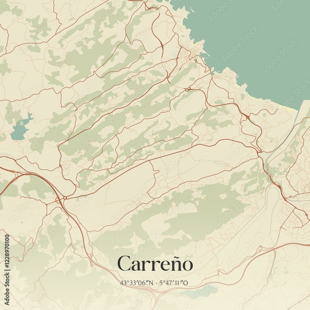 Obraz premium Retro Spanish map of Carre�o, Principado de Asturias. Vintage street map.