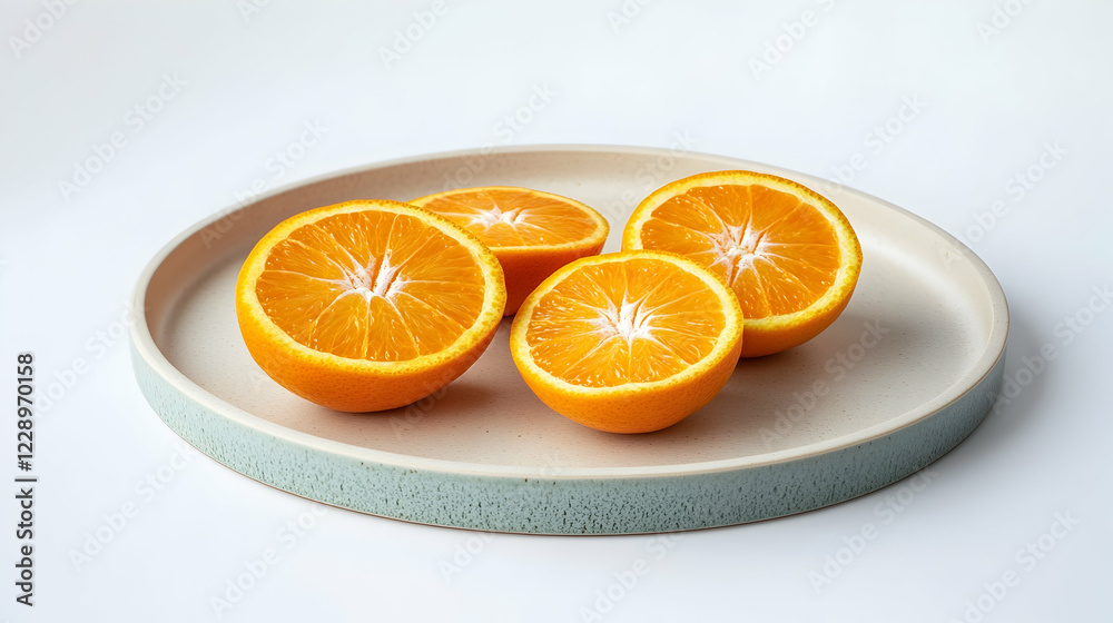 A ripe orange cut into segments, arranged neatly on a light ceramic plate with minimal decor A ripe orange cut into segments, arranged neatly on a light ceramic plate with minimal decor