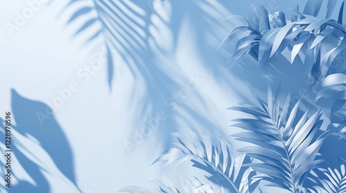 Serene blue tropical plant shadows and leaves on light background.