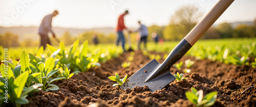 Garden hoe in spring farm field during warm morning, agricultural labor