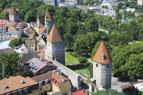 Linnamüür town wall in the west of  the Lower Town, from the tower of St. Olaf's Church, Oleviste Kirik, Tallinn, Estonia, Europe photo