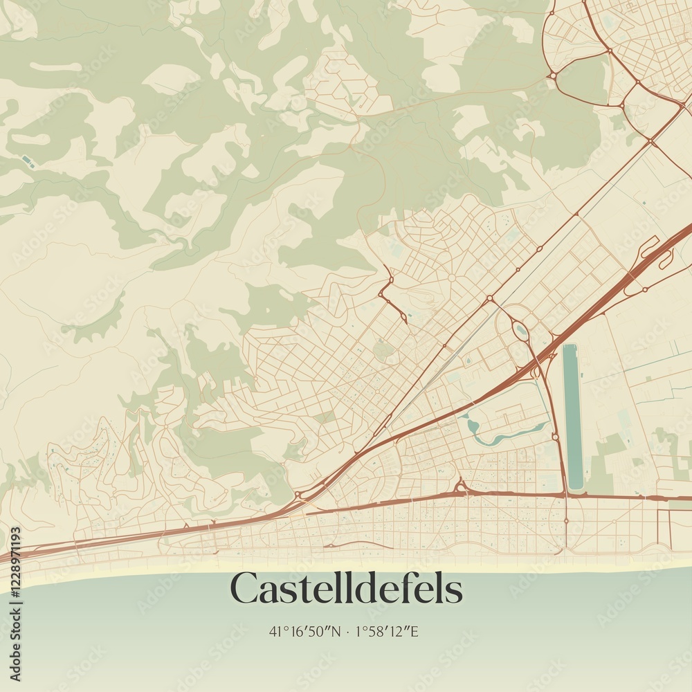 Obraz premium Retro Spanish map of Castelldefels, Catalu�a. Vintage street map.