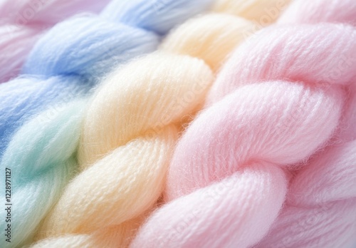 Pastel colored yarn balls and knitted fabric are paired with a soft golden bokeh, creating a warm, inviting scene. photo