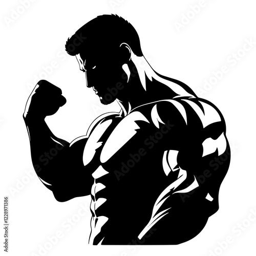 Clip art silhouette illustration of a Strong male silhouette showcasing muscular physique during workout session emphasizing strength and determination