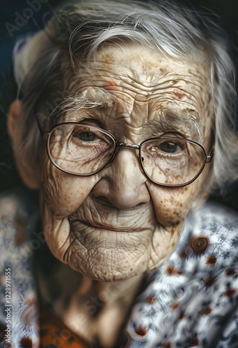 Portrait of a 95 year old lady wearing glasses, with many wrinkles and dark brown spots, looking into the camera, marked by life but still content, AI generated photo