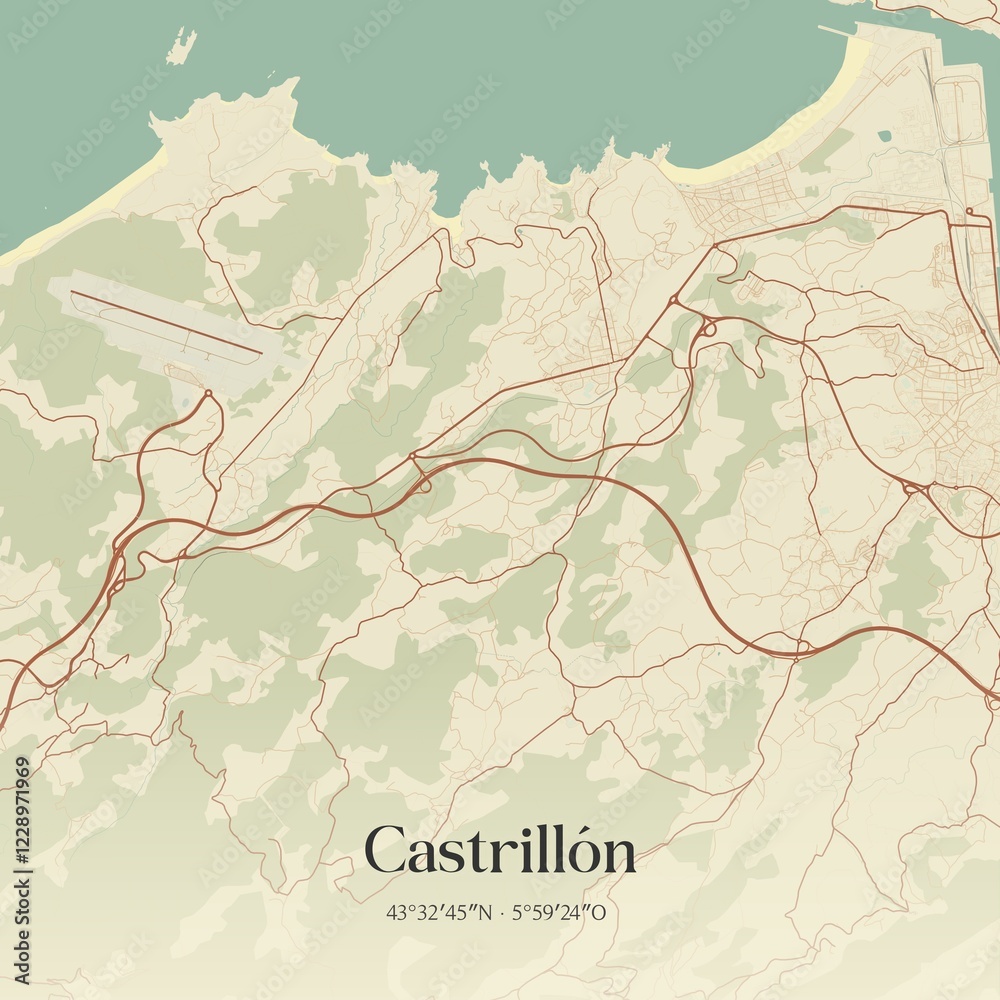 Fototapeta premium Retro Spanish map of Castrill�n, Principado de Asturias. Vintage street map.