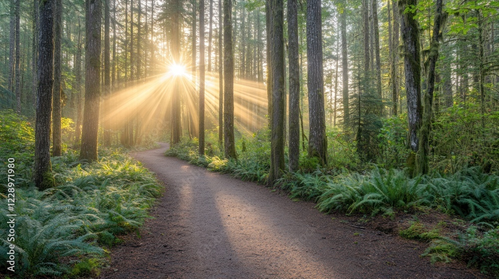 Fototapeta premium Sun rays stream through trees onto a forest path.
