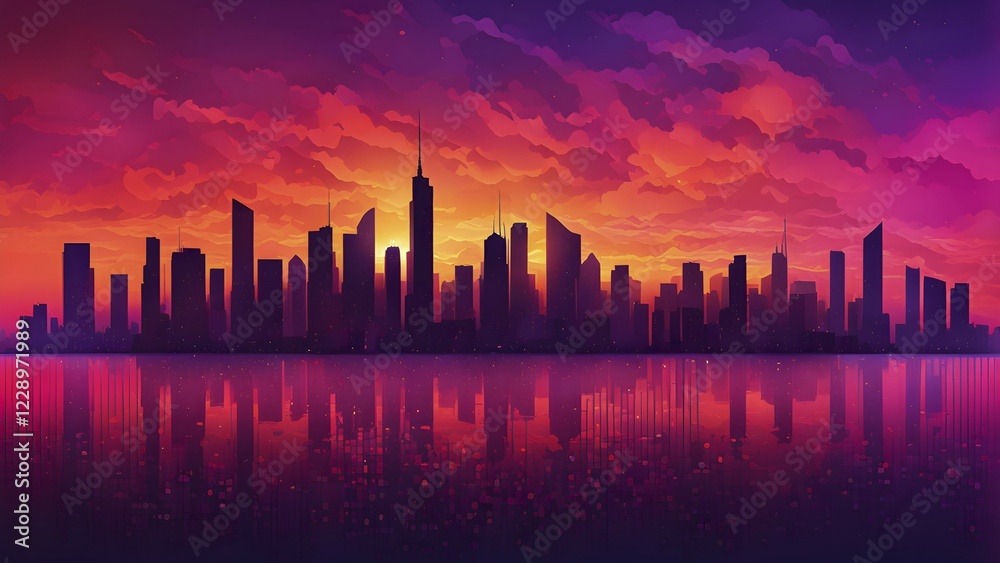 Obraz premium Abstract illustration of a sunset over a city skyline with water reflection in vivid and vibrant colors, AI generated