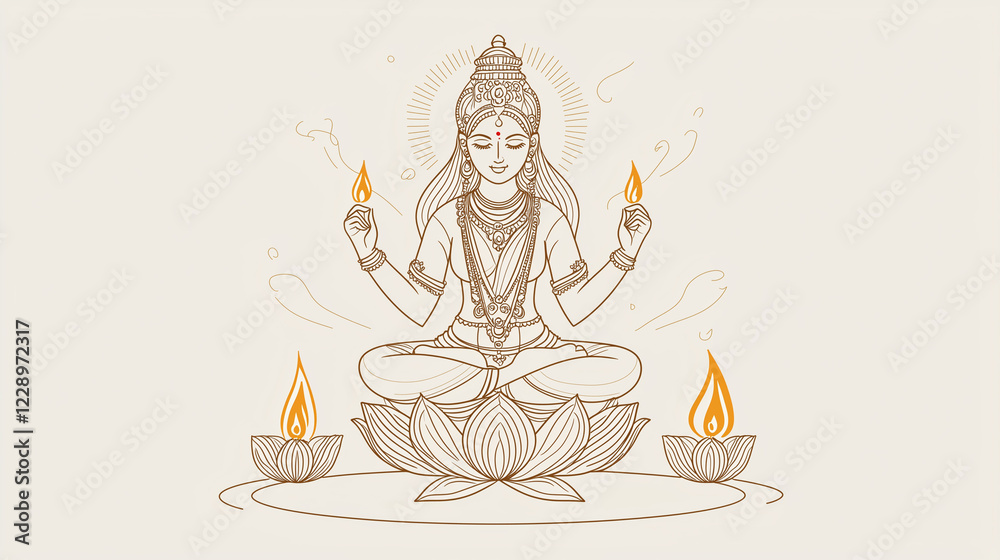 A minimalist line illustration of Goddess Lakshmi on a lotus with glowing diyas. Soft, flowing lines evoke peace, prosperity, and spirituality in a clean, serene design.
