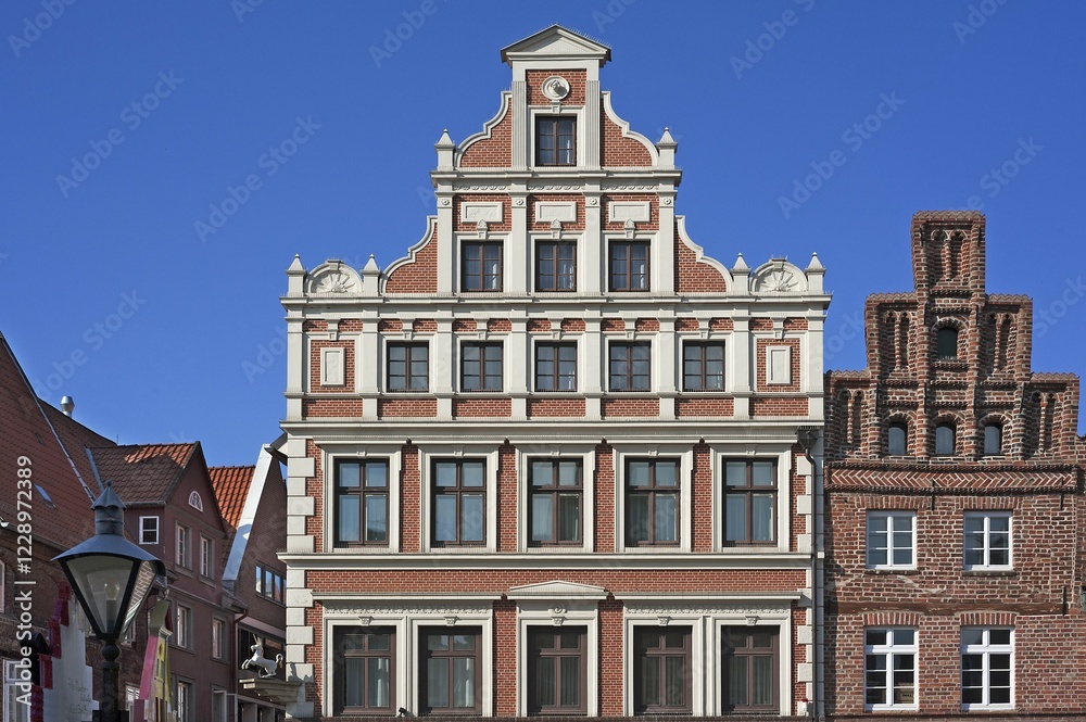 Facade of the Einhorn-Apotheke Pharmacy, 1880, Lüneburg, Lower Saxony, Germany, Europe Facade of the Einhorn-Apotheke Pharmacy, 1880, Lüneburg, Lower Saxony, Germany, Europe