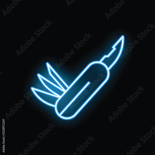 Blue neon multitool pocket knife icon glowing on a black background