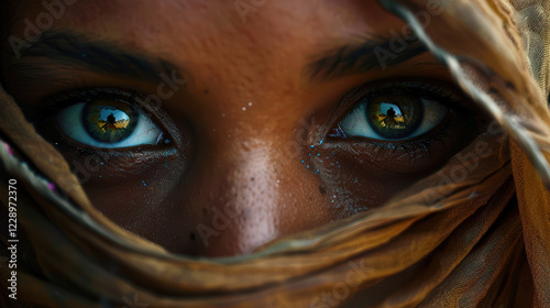 A close-up of a person's eyes, with a brown scarf covering the lower half of their face. photo