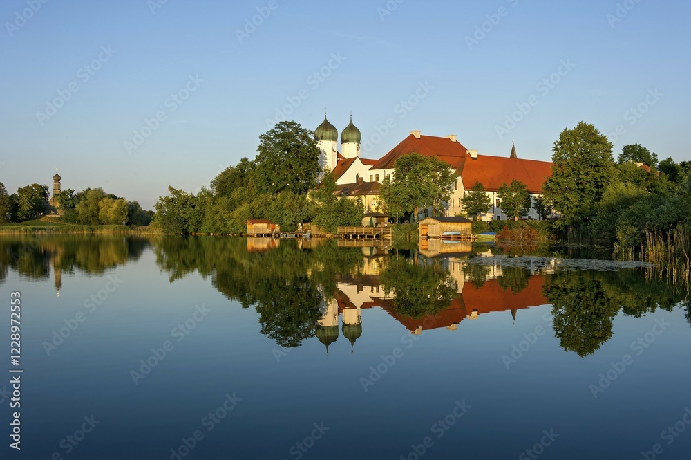 Benedictine monastery Seeon monastery church of St. Lambert, Klostersee, rear side church to Maria Breuhausen, also Bräuhausen, Seebruck, Chiemgau, Upper Bavaria, Bavaria, Germany, Europe Benedictine monastery Seeon monastery church of St. Lambert, Klostersee, rear side church to Maria Breuhausen, also Bräuhausen, Seebruck, Chiemgau, Upper Bavaria, Bavaria, Germany, Europe