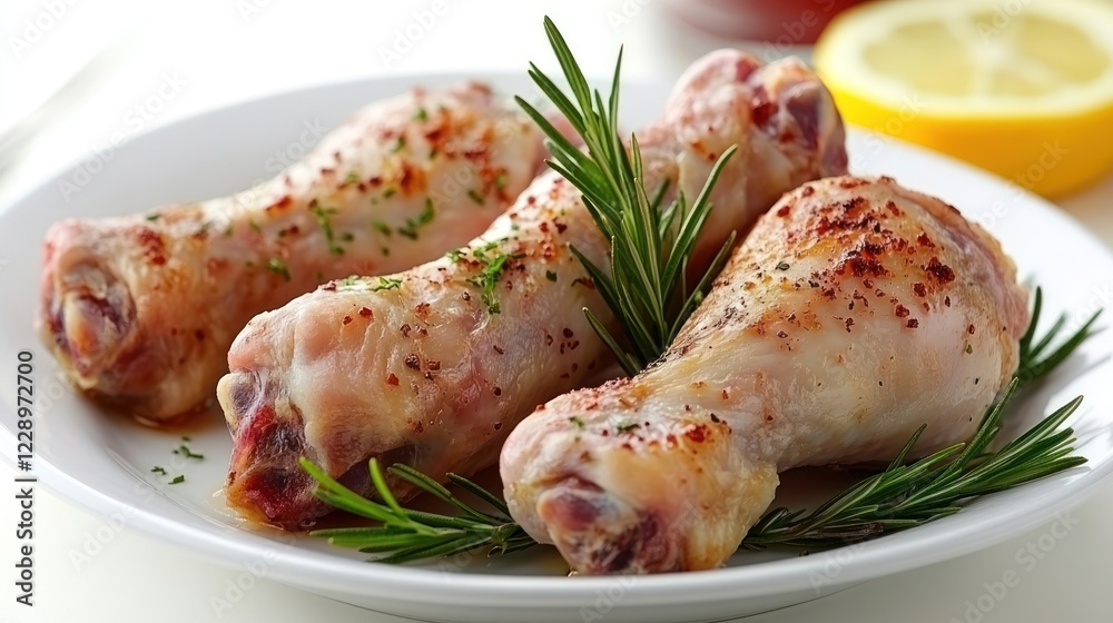 Three roasted chicken legs with rosemary and lemon. Three roasted chicken legs with rosemary and lemon.