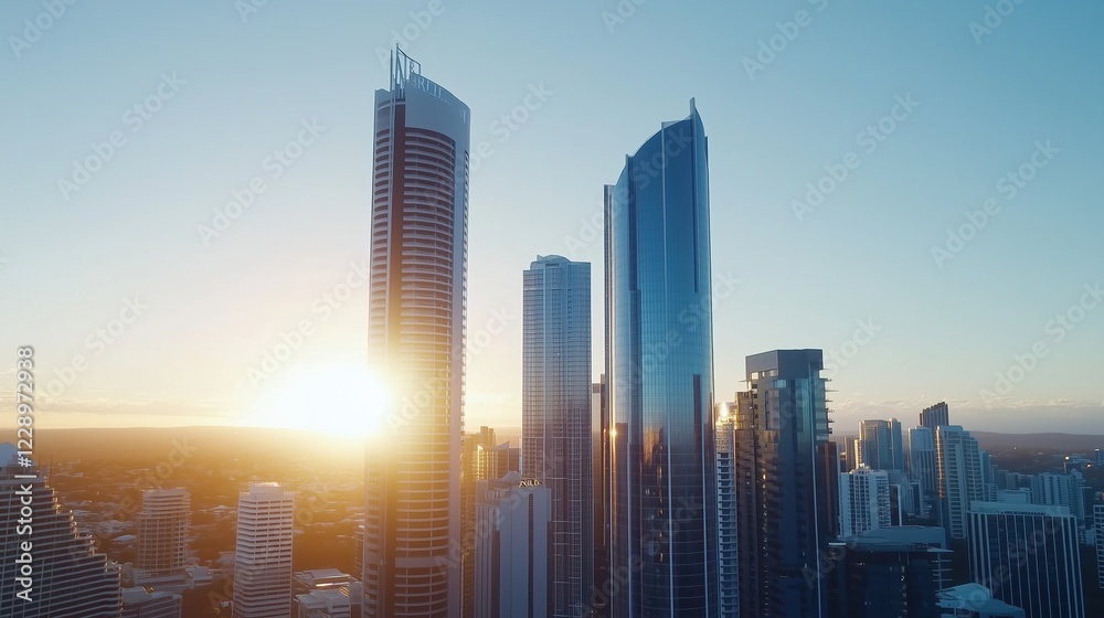 Skyline of modern skyscrapers during sunrise, representing urban development and architectural innovation Skyline of modern skyscrapers during sunrise, representing urban development and architectural innovation
