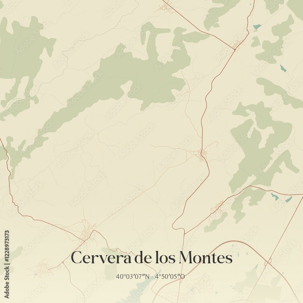 Obraz premium Retro Spanish map of Cervera de los Montes, Castilla-La Mancha. Vintage street map.