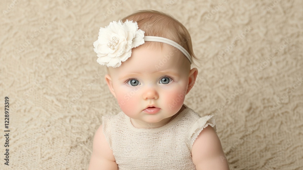 Portrait of Adorable Baby Girl with Blue Eyes Wearing White Headband Portrait of Adorable Baby Girl with Blue Eyes Wearing White Headband