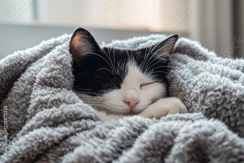 A tuxedo cat sleeps soundly nestled in a cozy grey blanket.
