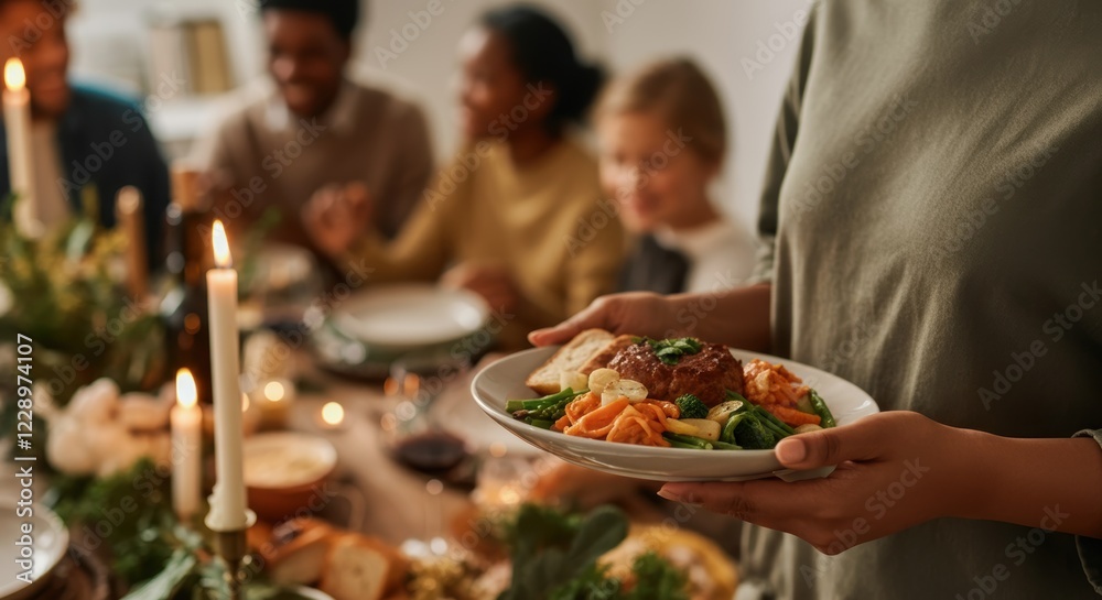 Family enjoying thanksgiving feast together at cozy dinner table Family enjoying thanksgiving feast together at cozy dinner table