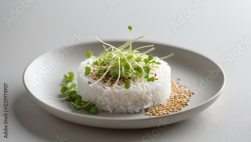 Elegant presentation of steamed rice garnishes showcasing a staple ingredient in various global cuisines photo