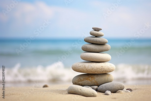 Meditation stacking stones at beach. KI generiert, generiert AI generated