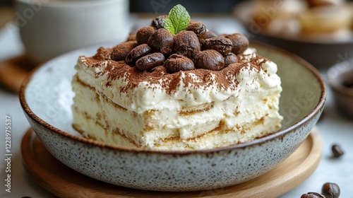 A creamy portion of tiramisu topped with cocoa and coffee beans, garnished with a mint leaf, AI generated