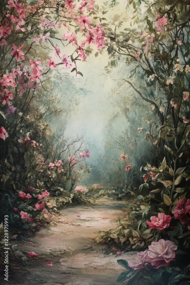Fototapeta premium Enchanted Forest Pathway with Pink Flowers