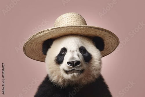 Cute Giant Pand abear with summer straw hat on pastel pink studio background. KI generiert, generiert, AI generated photo