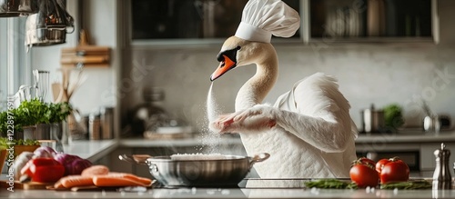 Fototapeta Naklejka Na Ścianę i Meble -  Swan chef in a toque prepares a delicious meal.