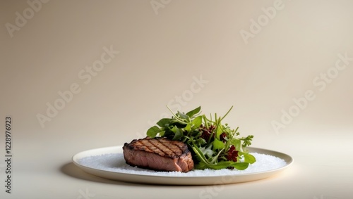 A simple meal of meat and mixed greens on a white plate photo