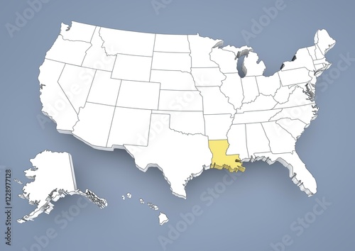 Photography Louisiana, LA, highlighted on a contour map of USA, United States of America, 3D