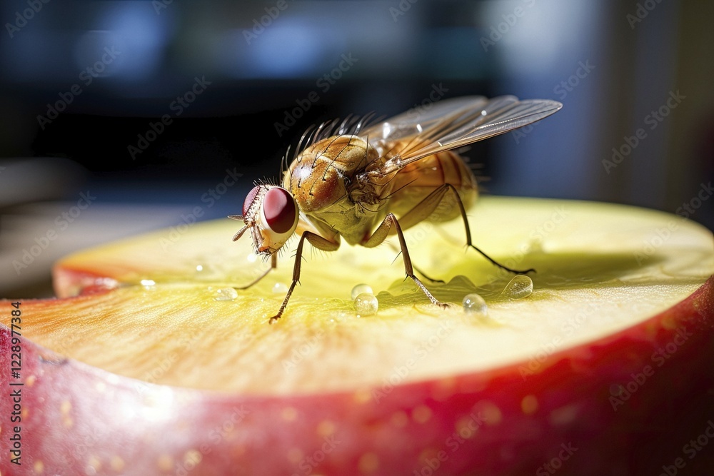 Close-up of a fruit fly, fruit fly, vinegar fly (Drosophila Melanogaster) on apple, AI generated
