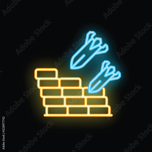Neon icon of two missiles attacking a brick wall, representing war and conflict