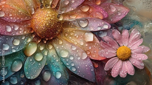 Rainbow Chrysanthemums, Dew Drops, Close-up, Floral Design, Nature