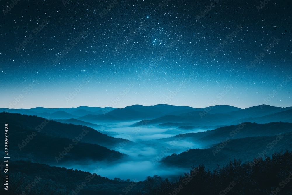 Fototapeta premium Night Sky over Misty Mountains Serene Landscape Photography