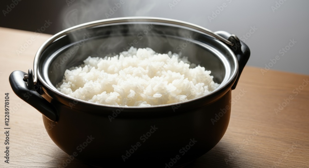Steaming white rice in black pot on wooden table Steaming white rice in black pot on wooden table