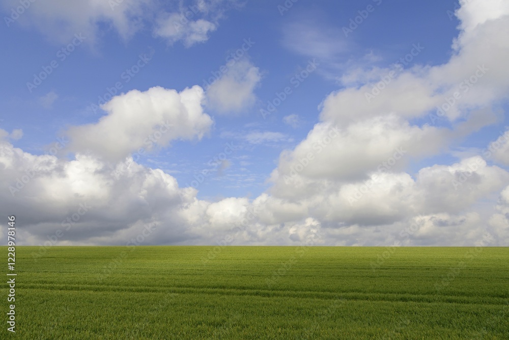 Cloud formation (cumulus), low clouds over a green grain field, blue sky, North Rhine-Westphalia, Germany, Europe Cloud formation (cumulus), low clouds over a green grain field, blue sky, North Rhine-Westphalia, Germany, Europe